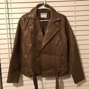 Old Navy Brown Faux Leather Moto Jacket with Belt